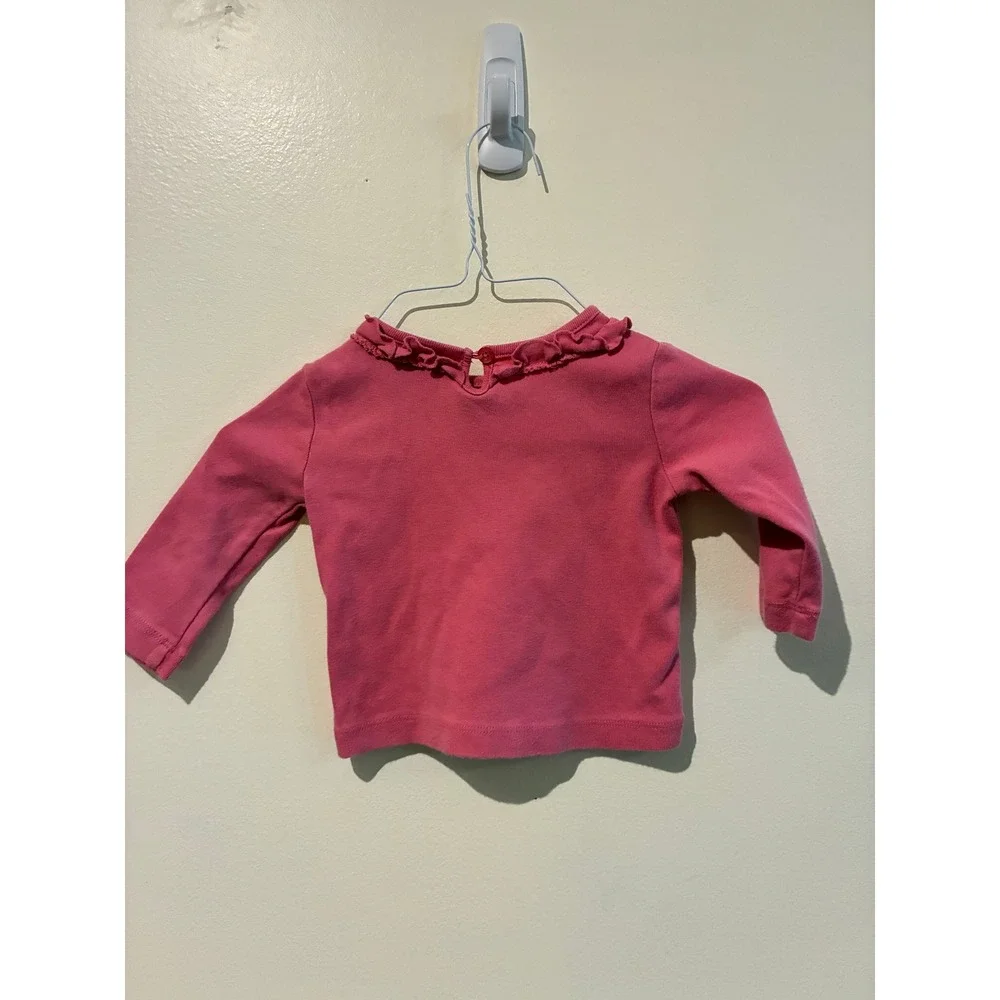 The Childrens Place 2000s Baby Girl Pink Ruffle Neck Long Sleeve Cotton Tee 6-9M
